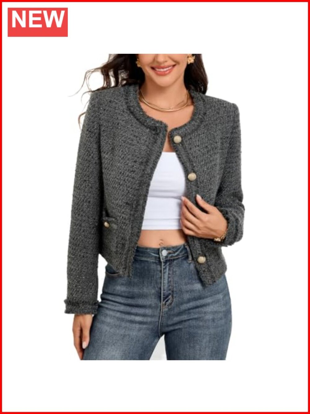 Women Cropped Tweed Jacket Wool Blend Business Casual Blazer